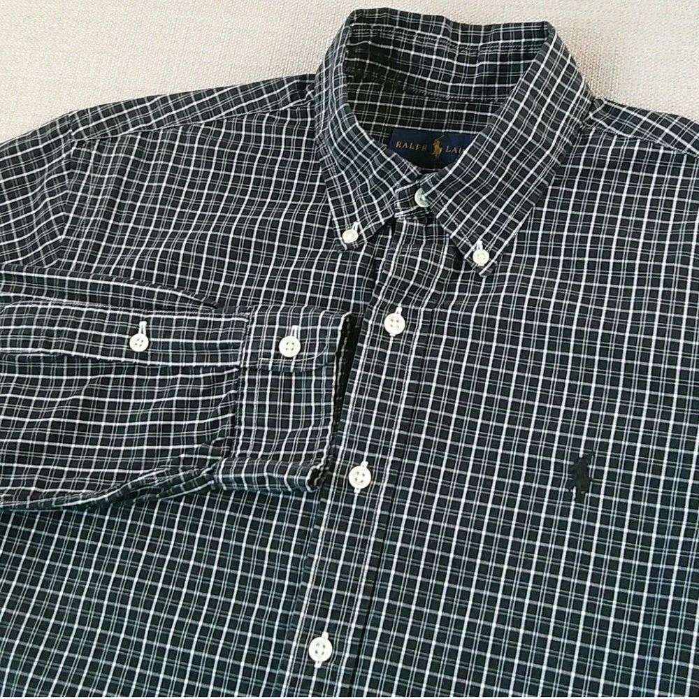 Ralph Lauren Button Down Shirt Mens Medium Black White Plaid Long Sleeve Cotton